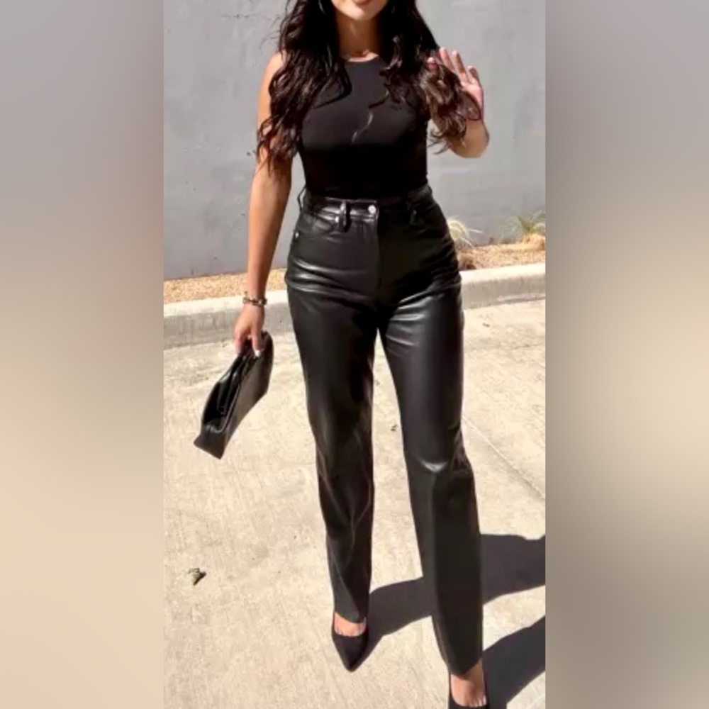 Super High Waisted Faux Leather Modern Straight Pant Strap